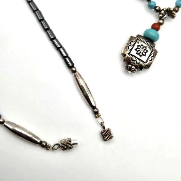 Southwestern Hematite Silver Cross Pendant Necklace Howlite and Red Jasper Beads - Picture 4 of 5